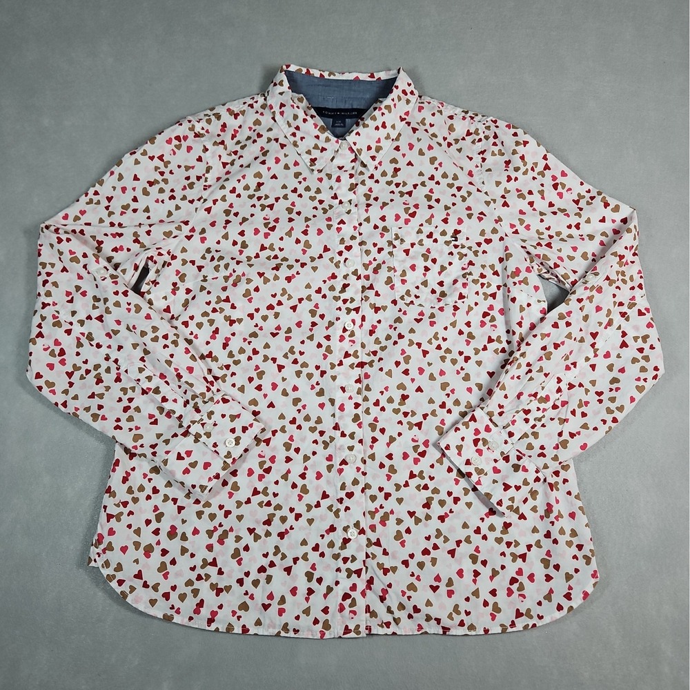 Tommy Hilfiger Womens White Heart Print Button Up Long Sleeve Blouse Size Large